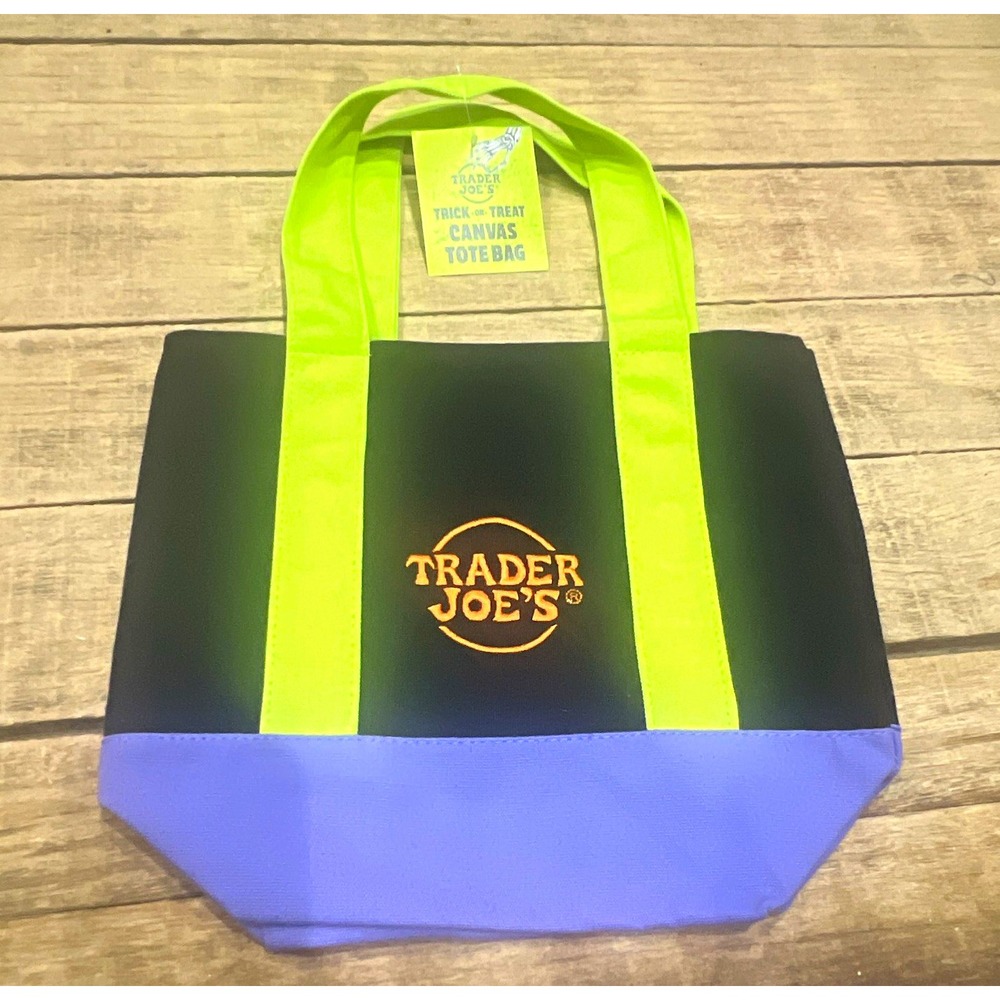 Trader Joe's Trick-or-Treat Canvas Tote Bag, Colorblock Black Green Purple